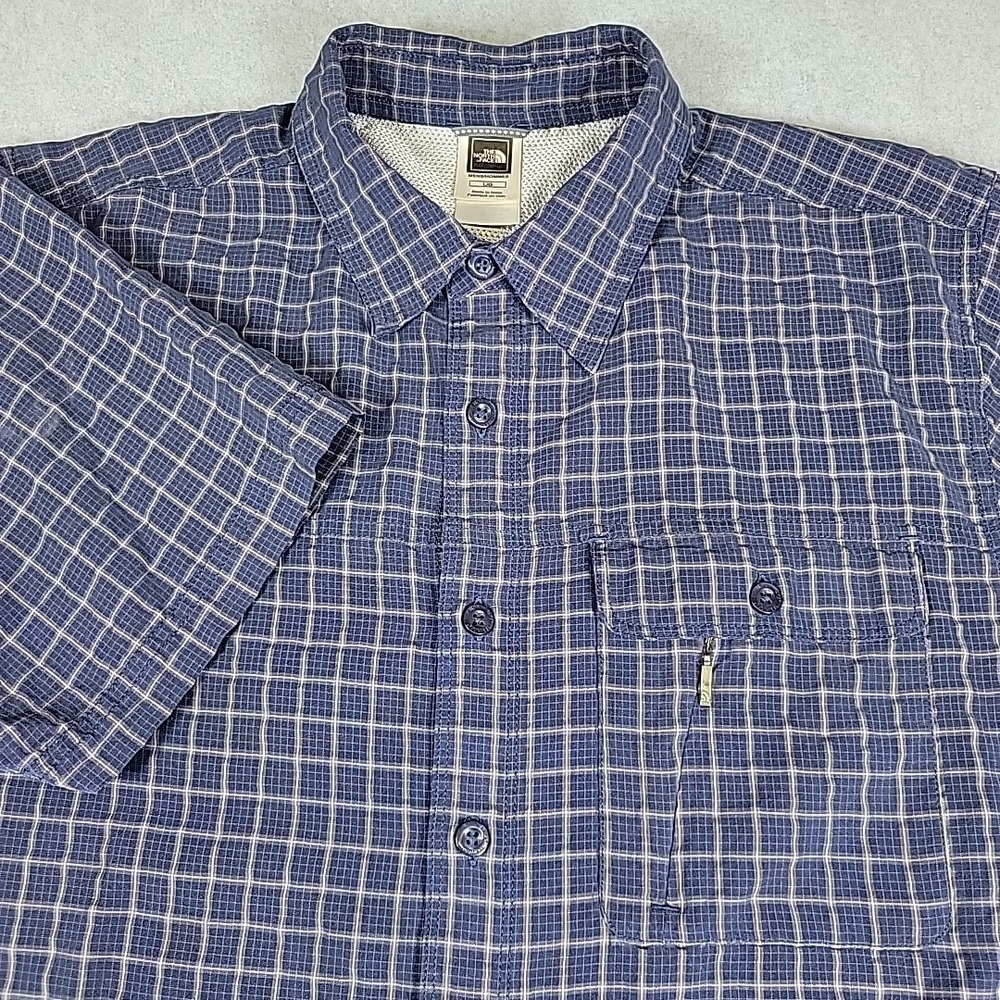 The North Face Shirt Mens Large Blue Check Short Sleeve Button Up Pocket Outdoor